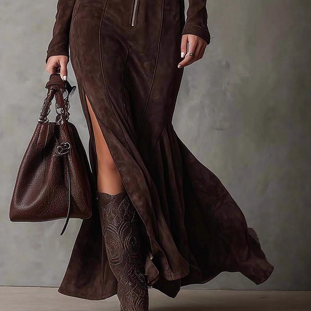 Vintage Brown Zipper Belted Maxi Dress