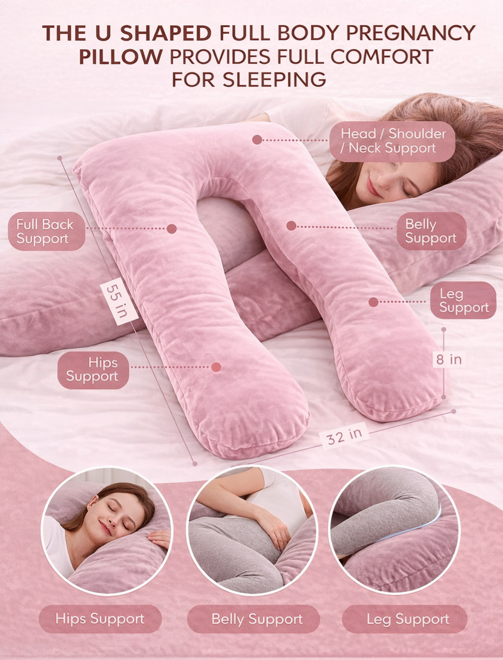 Veluna™ U-Shaped Pregnancy Support Pillow - Full-Body Support, Better Sleep, Just Pure Comfort